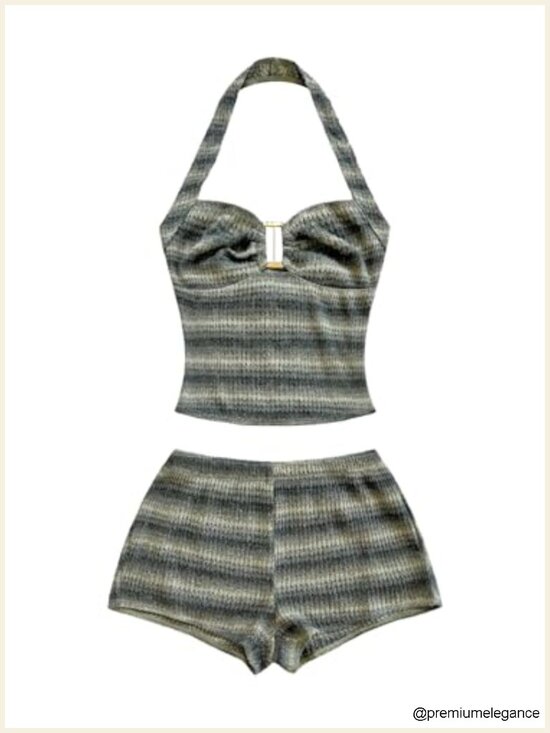 Other - Women's Striped Knit Halter Crop Top & Shorts 2 Piece Set Going Out